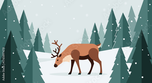 Reindeer in winter wonderland amidst snowy pines for Christmas card design. Christmas reindeer stands peacefully as snow falls during winter season.