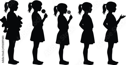  Girl silhouette vector set, playful child poses with objects, black illustration of activities, holding toys, gesture and curiosity concept for design