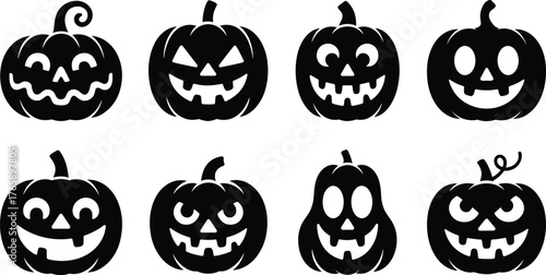 Halloween pumpkin silhouette set, jack-o’-lantern face icons, spooky carved pumpkin vector, scary and funny expressions, festive holiday decoration illustration