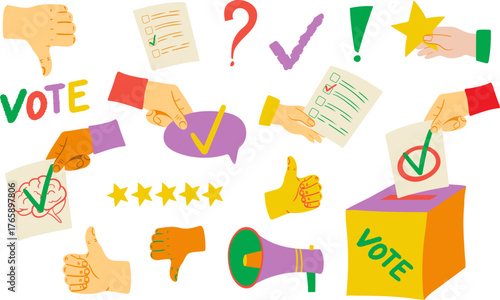 election day vector set of voting elements ballot papers hands holding documents and doing gestures rating stars megaphones and vote box isolated