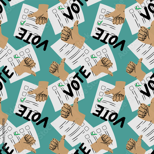 seamless pattern of voting process with human hand making thumb up gesture on blank ballot paper with vote inscription democratic election day