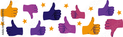 vibrant collection doodle style hands showing like dislike agreement disagreement rating and positive or negative emotions star elements isolated