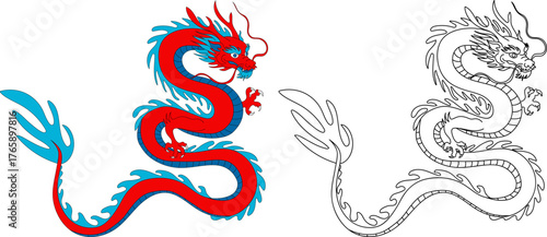 chinese dragon element black line sketch colored version traditional asian mythological creature design element chinese new year lunar calendar celebration