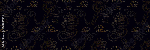 golden dragons clouds dark background traditional chinese new year ornament wallpaper decorative element repeating design packaging cover wrapping paper