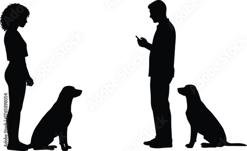  Human and dog silhouette set, standing and sitting poses, mobile distraction concept, black vector illustration, pet companionship, modern lifestyle contrast