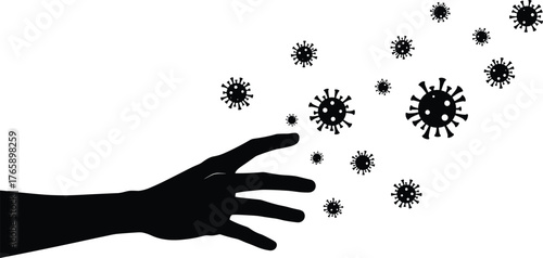  Human hand and virus silhouette vector, black illustration of infection risk, disease transmission concept, hygiene awareness, health safety design for stock