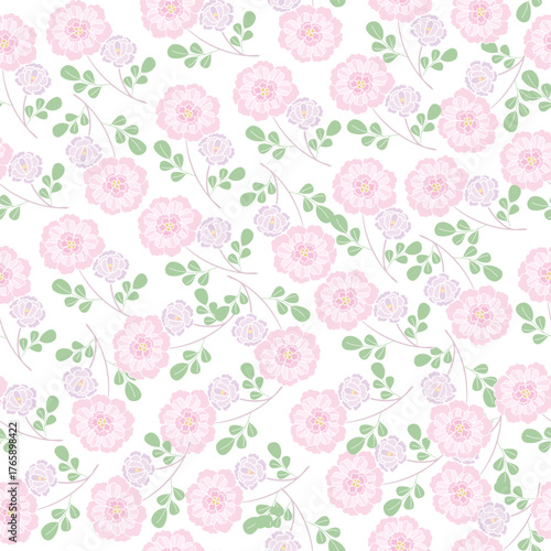 coquette seamless pink flowers pattern. Delicate petals and vibrant blossoms create an artistic and vintage botanical illustration. Perfect for wallpaper, fabric, wrapping paper and more.