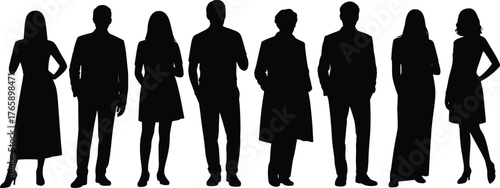 Human silhouette illustration set, diverse adult figures vector, standing poses with formal and casual attire, posture and body language design icons