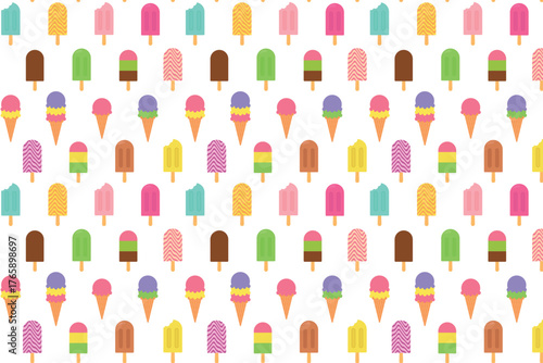 A vibrant seamless pattern with ice creams of various types and colors. Vector illustration.