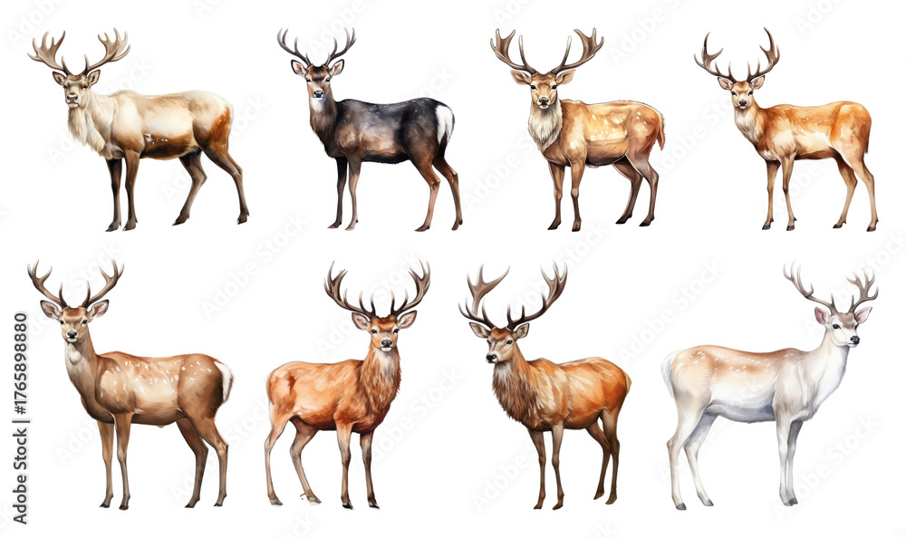 Obraz premium PNG Eight majestic deer illustrations, element set on transparent background