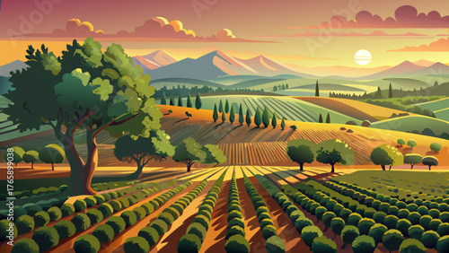 Very beautiful view of an olive plantation in Bakersfield, California, USA, bathed in warm golden sunset light, with rows of lush olive trees stretching across rolling farmland, creating a serene and 