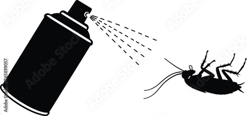  Pest control silhouette vector, insecticide spray can and dead cockroach illustration, black design of extermination concept, household bug removal graphic