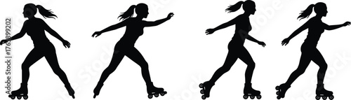  Roller skating silhouette, female skater in motion, black vector illustration, dynamic poses, sport activity, balance and movement, isolated graphic, fitness concept