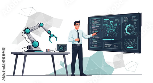 Advanced robotics presentation by expert showing engineering schematics for future design