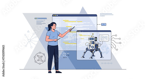 AI integration explained, educational session, demonstrating software programming with futuristic