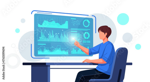 Analytical interaction with digital charts and diagrams showing growth statistics and infographics
