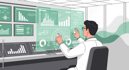 Analyst navigating interactive data interface with innovative visualization insights and graphical