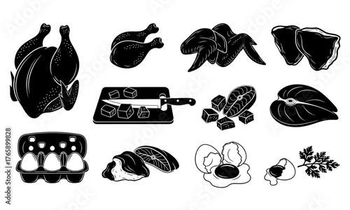 A Collection of Illustrated Food Items Poultry, Fish, Eggs, and Ingredients