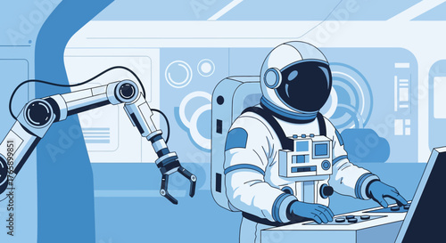 Astronaut collaborates with advanced robotics in a sleek futuristic space station setting