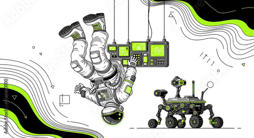 Astronaut's zero gravity mishap, humorous space exploration concept with retro console and lunar