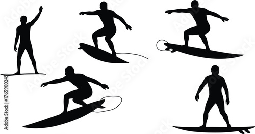  Surfer silhouette vector set, black illustration of surfing poses on board, dynamic water sport activity, beach lifestyle concept, wave riding design