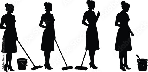  Woman mopping silhouette set, black vector illustration of cleaning poses with bucket and mop, domestic chore activity, household task concept design