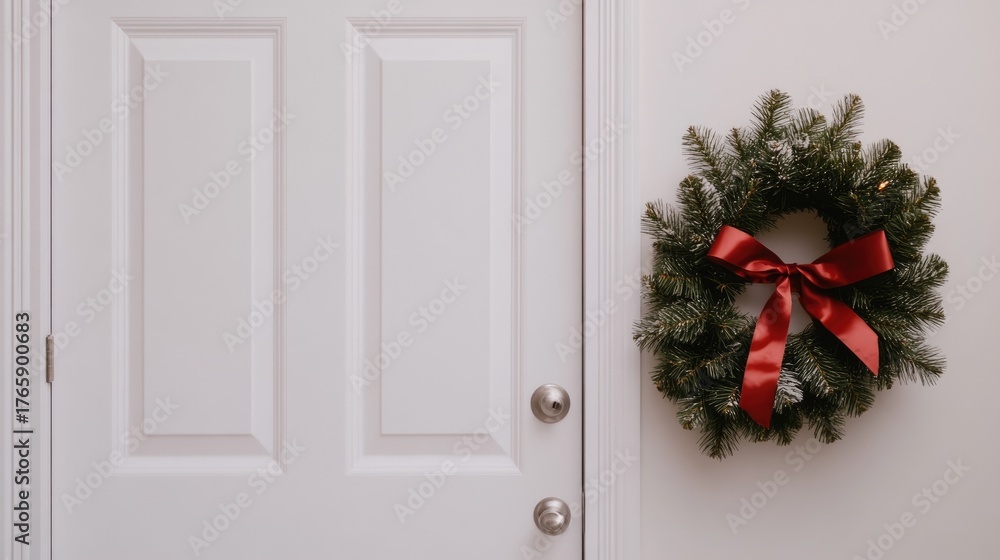 Fototapeta premium A beautifully arranged evergreen wreath with mistletoe and a red ribbon enhances the festive spirit on a white door this Christmas season