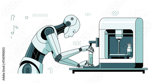 Automation in futuristic laboratory, humanoid robot analyzing chemical samples with 3D printer