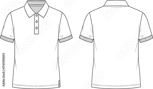 Men’s polo shirt technical flat sketch, short sleeve collared t-shirt vector design, fashion CAD template, clothing outline drawing flat vector illustration