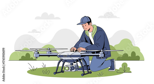 Aviation enthusiast inspecting a drone before liftoff in a nature background sketch
