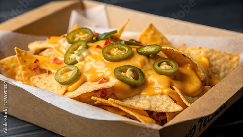 Cheesy nachos jalapeno pepper snack melted sauce tortilla chip concession food in paper tray appetizing warm comfort bite