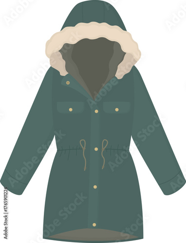 Green parka jacket isolated on white background. Illustration of stylish winter hooded