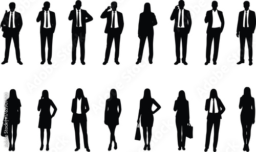 Business professional silhouette set, male and female figures, corporate attire vector, workplace diversity illustration, standing poses, isolated people icons