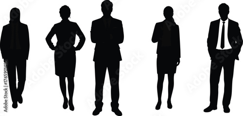 Business professional silhouettes, corporate team illustration, formal attire vector, workplace diversity concept, confident poses, isolated people graphic, office style