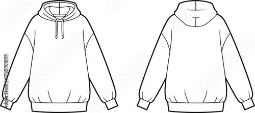 Oversized hoodie front and back view fashion template, casual sweatshirt technical sketch design, streetwear apparel flat CAD drawing vector illustration
