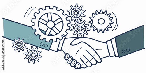 Modern business handshake with gears showing partnership and teamwork, a successful business deal closing