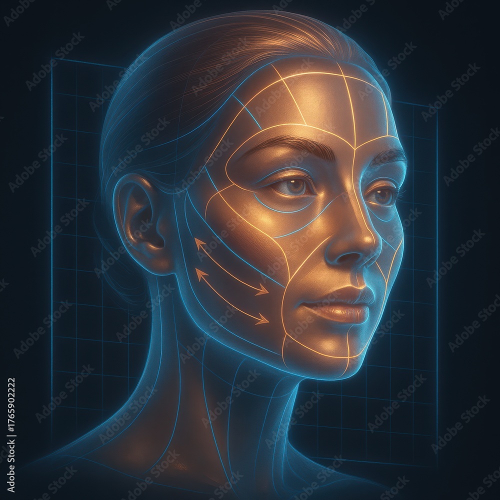 Obraz premium Woman's profile with cosmetic lines and arrows suggesting facial treatments.
