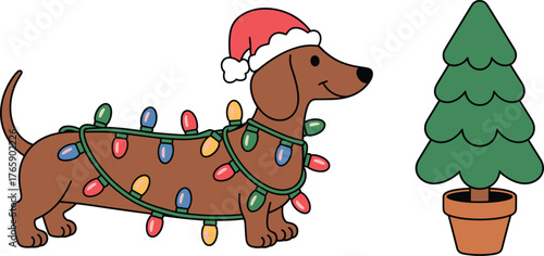 Christmas dachshund dog illustration, festive holiday pet vector, cute puppy in Santa hat with Christmas lights and tree, seasonal winter designChristmas dachshund dog illustration, festive holiday pe