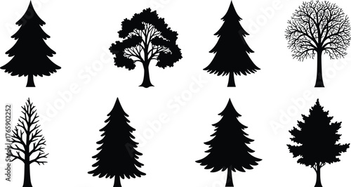 Silhouette collection of various pine and deciduous trees, isolated black vector illustration for forest, nature, and landscape design projects