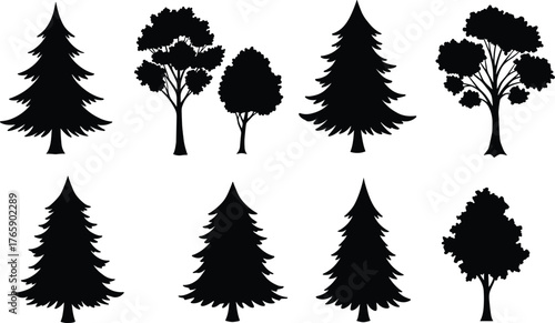 Silhouette collection of different tree types including pine, fir, and deciduous trees, isolated black vector illustration for design and decoration