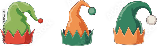 Christmas elf hat illustration set, festive holiday costume vector, colorful cartoon hats with pom-poms and zigzag brims, seasonal decoration design icons