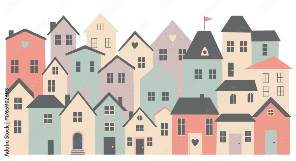 Naklejka premium Charming collection of diverse colorful houses in a whimsical village setting.
