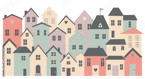 Charming collection of diverse colorful houses in a whimsical village setting.