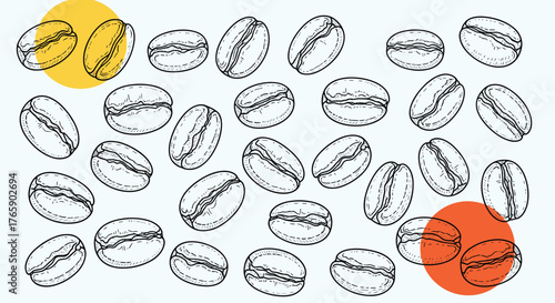 Coffee beans scattered on white surface, artistic illustration of seeds.