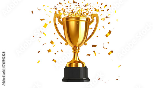 A gleaming gold trophy with confetti raining down, against a black background