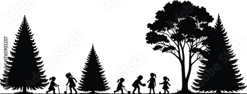 Children playing outdoors in forest park, silhouette kids enjoying nature, trees landscape background, happy childhood, outdoor activity, family fun scene