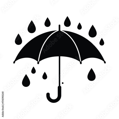 Black silhouette of an umbrella protecting from falling raindrops
