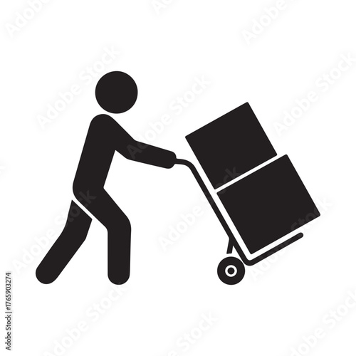 Silhouette of a person pushing a hand truck with boxes