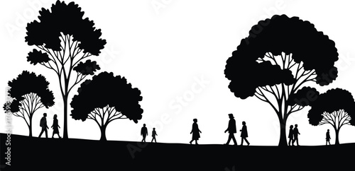 People walking in park under trees, silhouette illustration, outdoor nature background, relaxing stroll, community life, peaceful environment, leisure activity scene