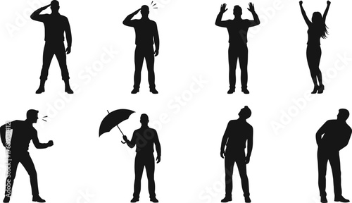 Silhouette collection of people in different poses, standing, shouting, celebrating, holding umbrella, expressing emotions, vector illustration set